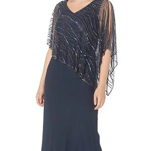 J KARA Evening Gown, Sz 16, Navy Blue, Capelet,, Sequins Pre-owned- worn once